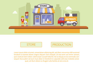 Milk production vector illustration. Production and processing of milk from dairy farm to table healthy factory organic food delivery website.