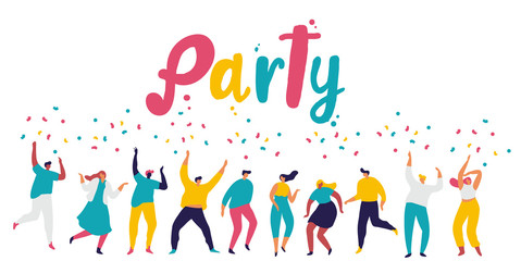 Party, celebration, event horizontal banner. Young People dancing and have fun. Friendship. Student party. Male and female flat characters isolated  on white background.	
