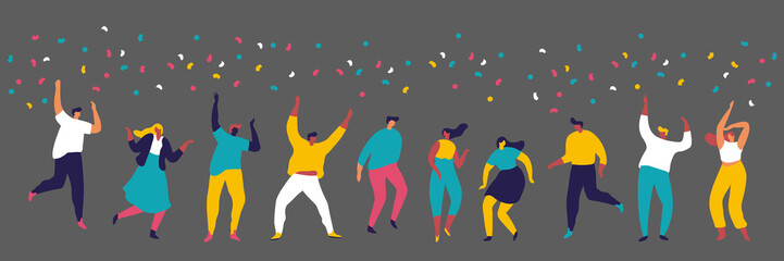 Party, celebration, event horizontal banner. Young People dancing and have fun. Friendship. Student party. Male and female flat characters isolated  on dark background.	