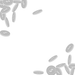American dollar coins falling. Scattered black and