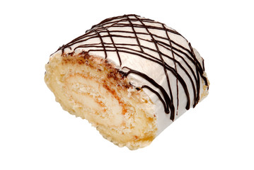 Sponge cake roll isolated on white background, with white chocolate, and vanilla cream on a white isolated background