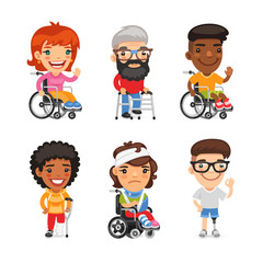 Set of wheelchair users and injured people. Flat characters in various cases. Isolated on white background.