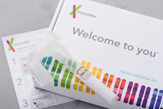 23andMe Personal Genetic Test Saliva Collection Kit, With Tube, Box And Instructions. Illustrative Editorial.