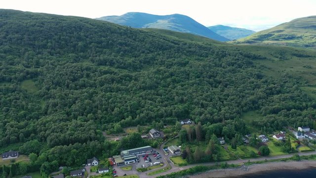 Aerial view of picturesque landscape of Scottish Highlands around Loch Eil/Linnhe, scenery with lush green hills - panorama of Highlands of Scotland from above, United Kingdom, Great Britain, Europe