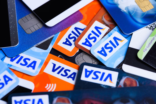 Pile of plastic bank Visa payment cards, credit and debit.