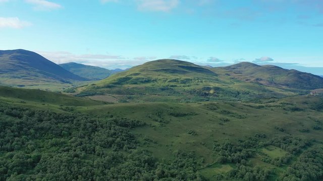 Aerial view of picturesque landscape of Scottish Highlands around Loch Eil/Linnhe, scenery with lush green hills - panorama of Highlands of Scotland from above, United Kingdom, Great Britain, Europe