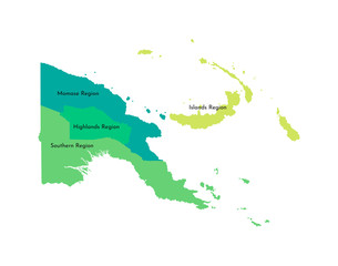 Vector isolated illustration of simplified administrative map of Papua New Guinea. Borders and names of the regions (Highlands, Islands, Momase,  Southern). Green and yellow silhouettes