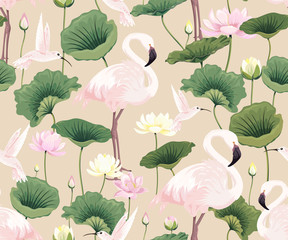Seamless pattern with pink flamingos, hummingbirds and lotuses