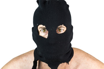 man with balaclava and Green eyes in White background