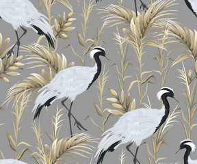 Seamless pattern with japanese cranes and golden reeds - 285045783