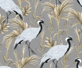  Naadloos patroon met Japanse kraanvogels en gouden riet © Hmarka