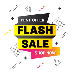 Flash Sale banner. Memphis style. Sale offer price sign. Flash Sale symbol. Geometric vector banner. Discount text. Gradient shape badge. Vector	