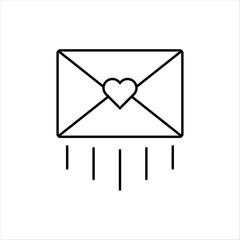 Icon of a sent letter mail envelope with a heart shape. Love message design symbol. Thin outline style vector illustration.