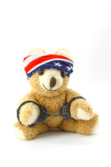 Plush bear with handcuffs on hand