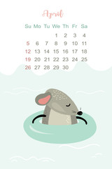 April month 2020 template design. Calendar 2020 with funny and cute rat. Vertical layout.