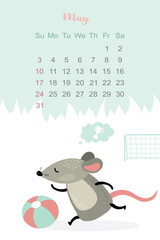 May month 2020 template design. Calendar 2020 with funny and cute rat. Vertical layout.