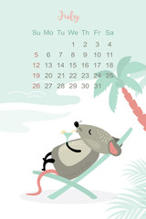 July month 2020 template design. Calendar 2020 with funny and cute rat.