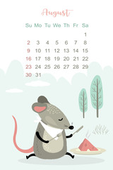 August month 2020 template design. Calendar 2020 with funny and cute rat.