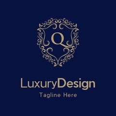 Shield And Ornate With Letter Q Logo Template, Q Letter Gold Shield Logo. Elegant vector logo badge template with alphabet letter on shield frame ornate style design.