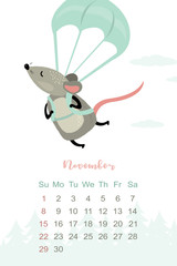November month 2020 template design. Calendar 2020 with funny and cute rat.
