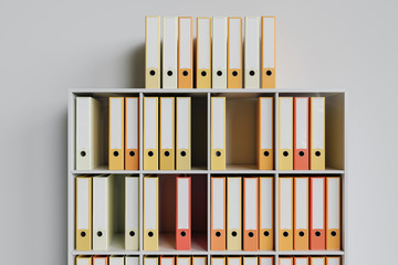 Cluttered shelf with colorful folders as 3d Rendering