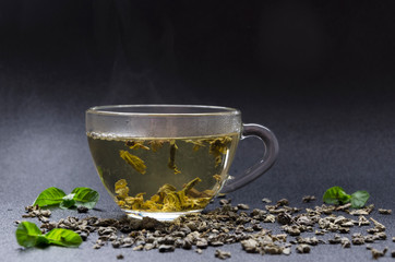 Closeup of fresh made green tea with mint leaves