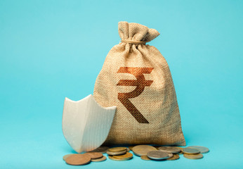 Bag with rupee symbol and protection shield. Concept security of money, guaranteed deposits. Client...