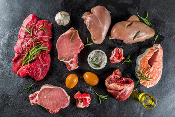 Carnivore diet background. Non vegan protein sources, Different meat food - chicken breast, pork steak, beef tenderloin, eggs, spices for cooking. Black stone concrete background copy space
