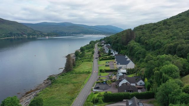 Aerial view of Loch Eil/Linnhe situated in landscape of Scottish Highlands, lush green hills and deep lake - panorama of Highlands of Scotland from above, United Kingdom, Great Britain, Europe