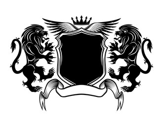 Black sign with lions and a shield on a white background.