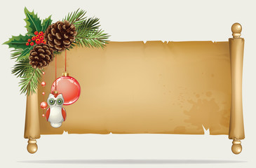 Vector branch of Christmas tree with pine cone and old paper scroll