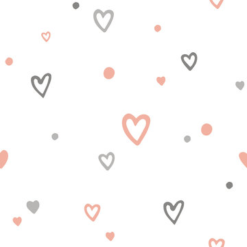 Vector cute romantic seamless pattern with doodle cartoon hearts. Kids or girls background