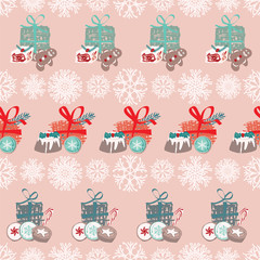 Vector Christmas seamless pattern with candy, cookies, presents and snowflakes. For wrapping paper, invitations, greeting cards.