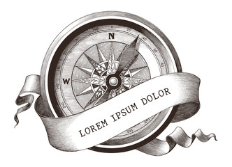 Antique engraving illustration of vintage compass with banner clip art isolated on white background,The symbol of sea © channarongsds