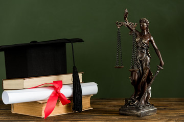 Mortarboard, textbooks, graduation scroll tied with red ribbon and Themis