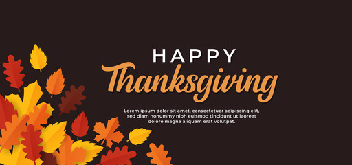 Happy thanksgiving day text minimal background with dry fall leaves vector illustration. - obrazy, fototapety, plakaty