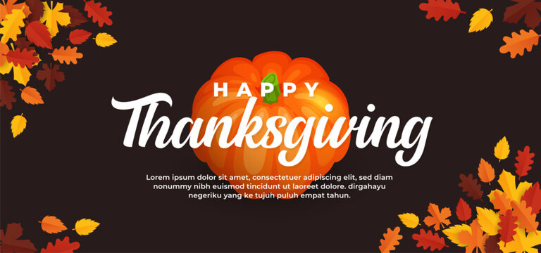 Happy thanksgiving day text on pumpkin fruit background and fall dry leaves vector illustration banner template