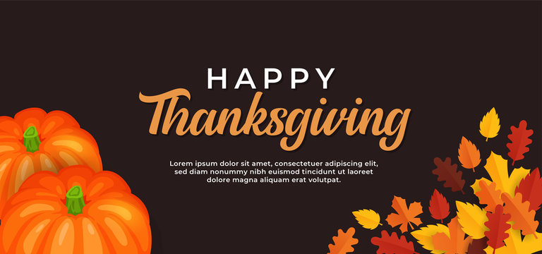 Happy thanksgiving day text background design with pumpkin fruit and dry leaves vector illustration banner template