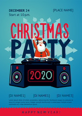 Xmas party poster with santa claus dj. New year event invitation. Vector banner template.