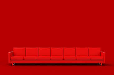 Extremely long red sofa isolated on red background. 3d rendering