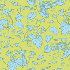 Fototapeta na wymiar Modern exotic jungle leaf pattern. Scattered botanical leaf, line art doodle style, in pastel green and blue tones. Perfect for packaging design, home decor, fabric wallpaper and stationary.