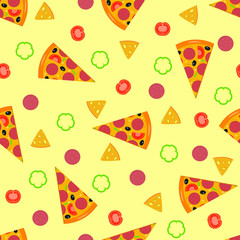 Slice pizza with sausage, olives and tomatoes in flat style seamless vector pattern