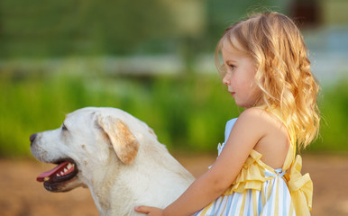 Little girl with a labrador dog, outdoor summer