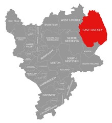 East Lindsey red highlighted in map of East Midlands England UK