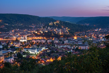 Top panoramic view of Sighisoara town, Transylvania, Romania at night