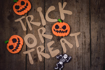 Delicious Ginger Biscuits for Halloween on Wooden Background Horizontal View from Above Trick or Treat Holiday Background