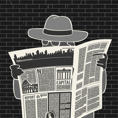 Illustration Vector Man In Hat With Newspaper Spies