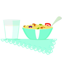 A bowl of muesli and a glass of milk in a flat style isolated vector image. Breakfast plate of muesli and glass of milk on white background