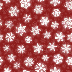 Fototapeta na wymiar Christmas seamless pattern of white snowflakes of different shapes on red background