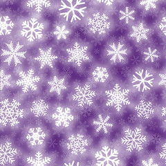 Fototapeta na wymiar Christmas seamless pattern of white snowflakes of different shapes on purple background